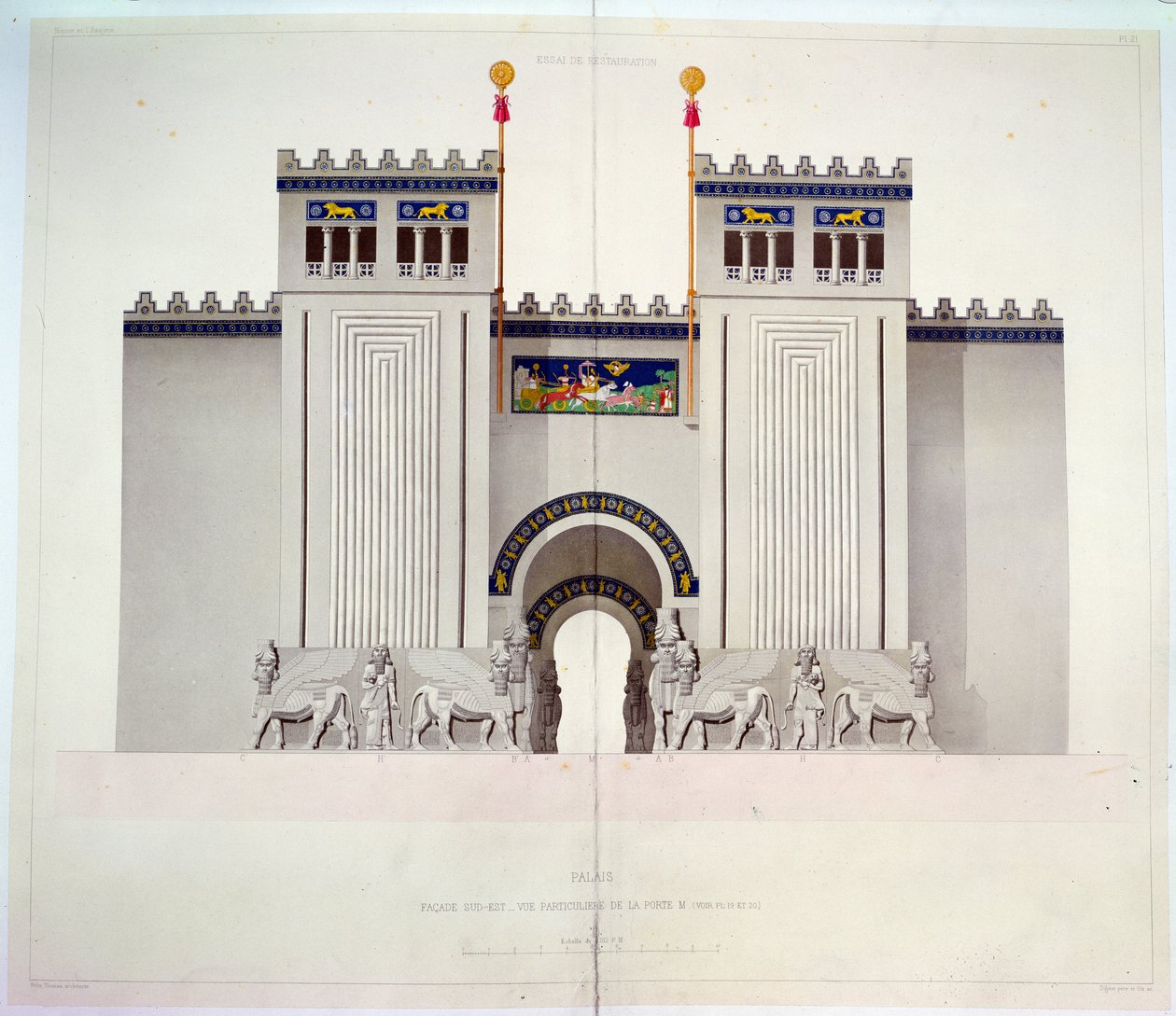 Sargon II:n (721-705 eKr.) palatsin sisäänkäynnin jälleenrakennus Khorsabadissa, Irakissa, 1867 (värikaiverrus) tekijältä Felix Thomas