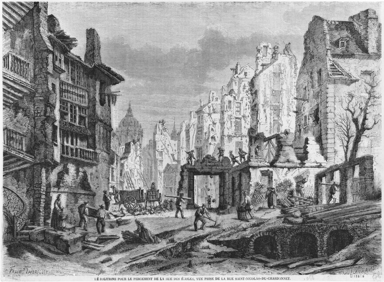 Pariisi, Rue des Ecoles -rakennuksen purkutyöt, näkymä rue Saint-Nicolas du Chardonnet