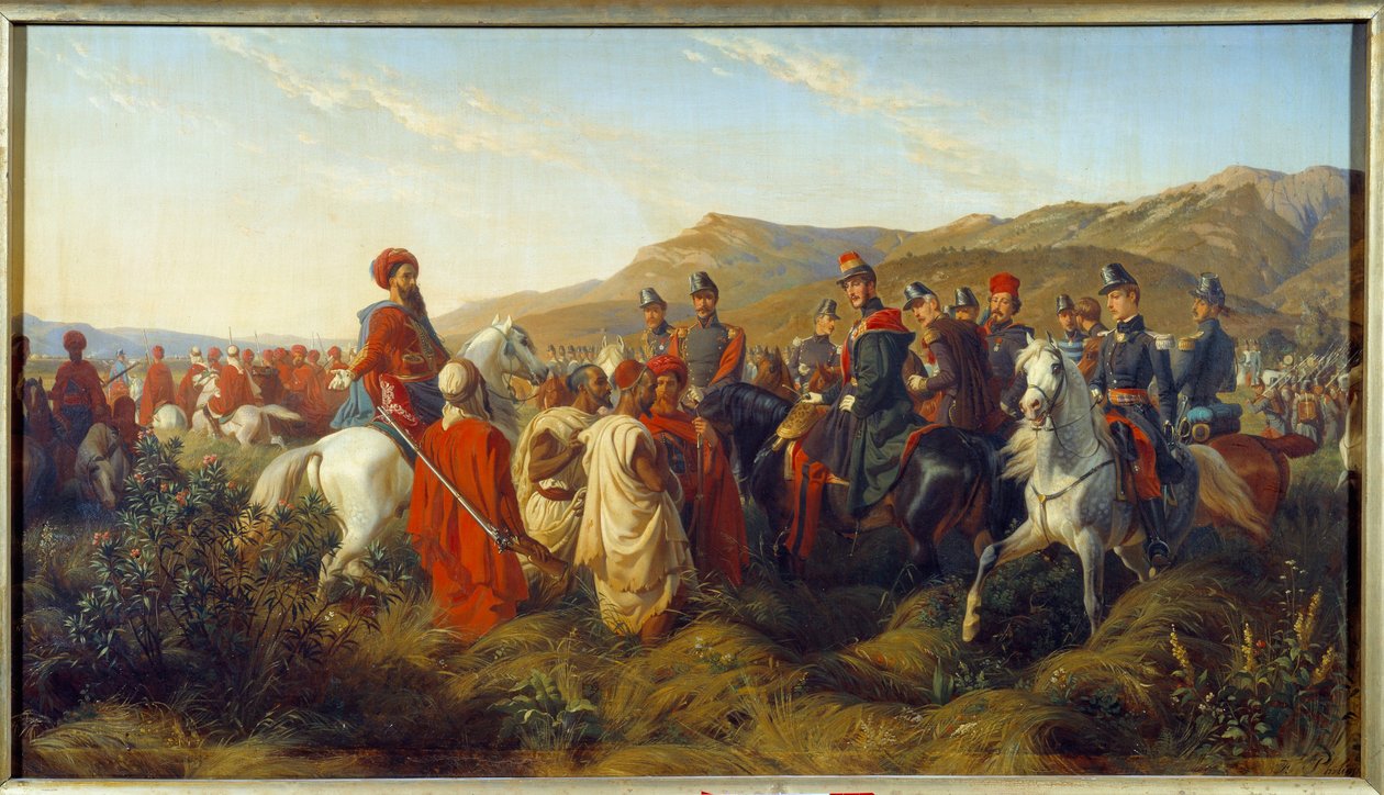 Algerian valloitus (1830-1847): Episodi Algerian kampanjasta vuonna 1840 - Orleansin herttua Ferdinand Philippe (Ferdinand-Philippe) (1810-1842), kuningas Louis Philippen (Louis-Philippe) poika, 1., myöntää vapauden kaksi arabivankia lähellä Bl tekijältä Felix (after) Philippoteaux