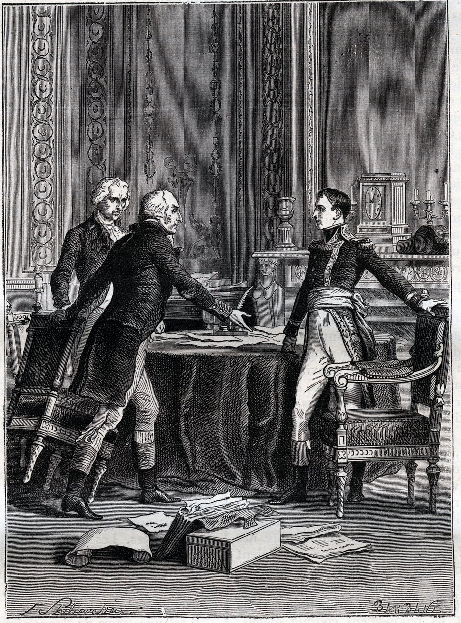 Kolmen konsulin ensimmäinen keskustelu Peer-Luxemburgissa - Napoleon Bonaparte, Emmanuel Joseph Sieyes ja Pierre Roger-Ducos 1799 - Barbantin kaiverrus Philippoteaux