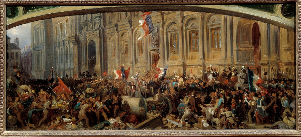 Vuoden 1848 vallankumous: "" Alphonse de Lamartine (1790-1869), ranskalainen kirjailija ja poliitikko, hylkää punaisen lipun kaupungintalolla 25.2.1848." Felix Philippoteaux