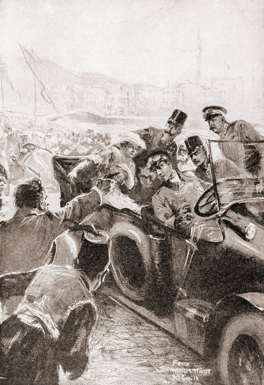Franz Ferdinandin ja hänen vaimonsa, Hohenbergin herttuatar Sophien salamurha 28. kesäkuuta tekijältä Felix (after) Schwormstadt
