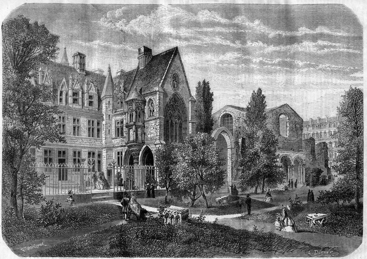 Palais des Thermesin aukio ja Clunyn sairaala Pariisissa vuonna 1868 - Kaiverrus Felix de Thorignyn piirustuksen mukaan tekijältä Felix (after) Thorigny