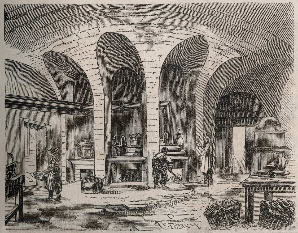 Pariisi - Prison de la petite Roquette (vankila naisille ja nuorille) - Les Cuisines - Kaiverrus Felix Thorignyn mukaan - Le Monde Illustressa heinäkuulta 1865 tekijältä Felix (after) Thorigny