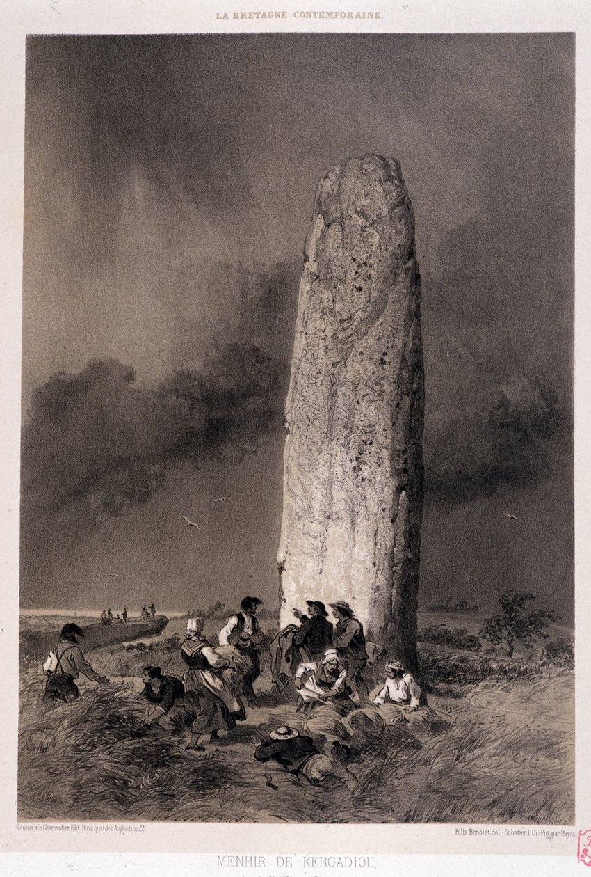 Talonpojat Kergadioun (Finisteren) menhirin ympärillä - teoksessa "" La Bretagne contemporaine", ill. Felix Benoist, toim. Charpentier, Pariisi tekijältä Felix Benoist