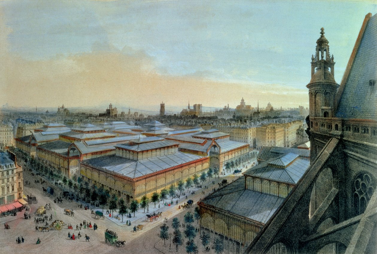 Näkymä Pariisin Les Hallesiin Saint Eustachen ylägalleriasta, noin 1870-80. tekijältä Felix Benoist