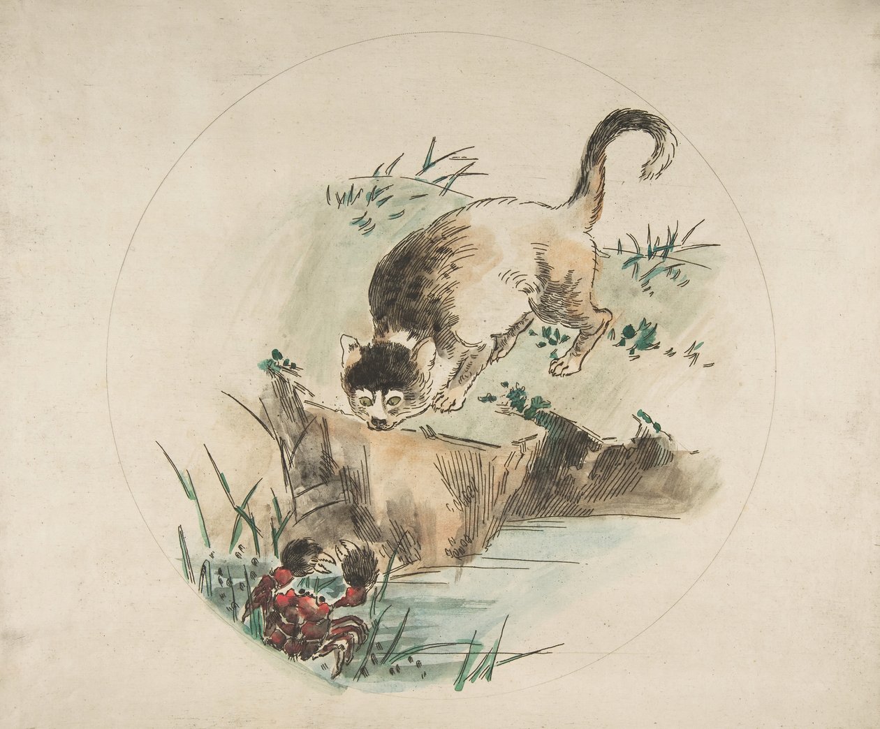 Koriste lautaselle: Rapua metsästävä kissa, 1850-1914. tekijältä Felix Bracquemond