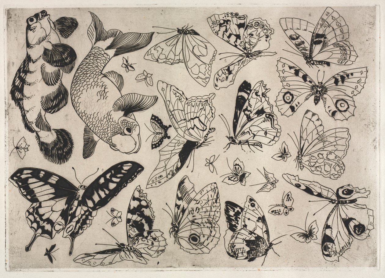 Illallispalvelu Rousseau-palvelu: Perhoset ja kalat no. 16, 1866. tekijältä Felix Bracquemond