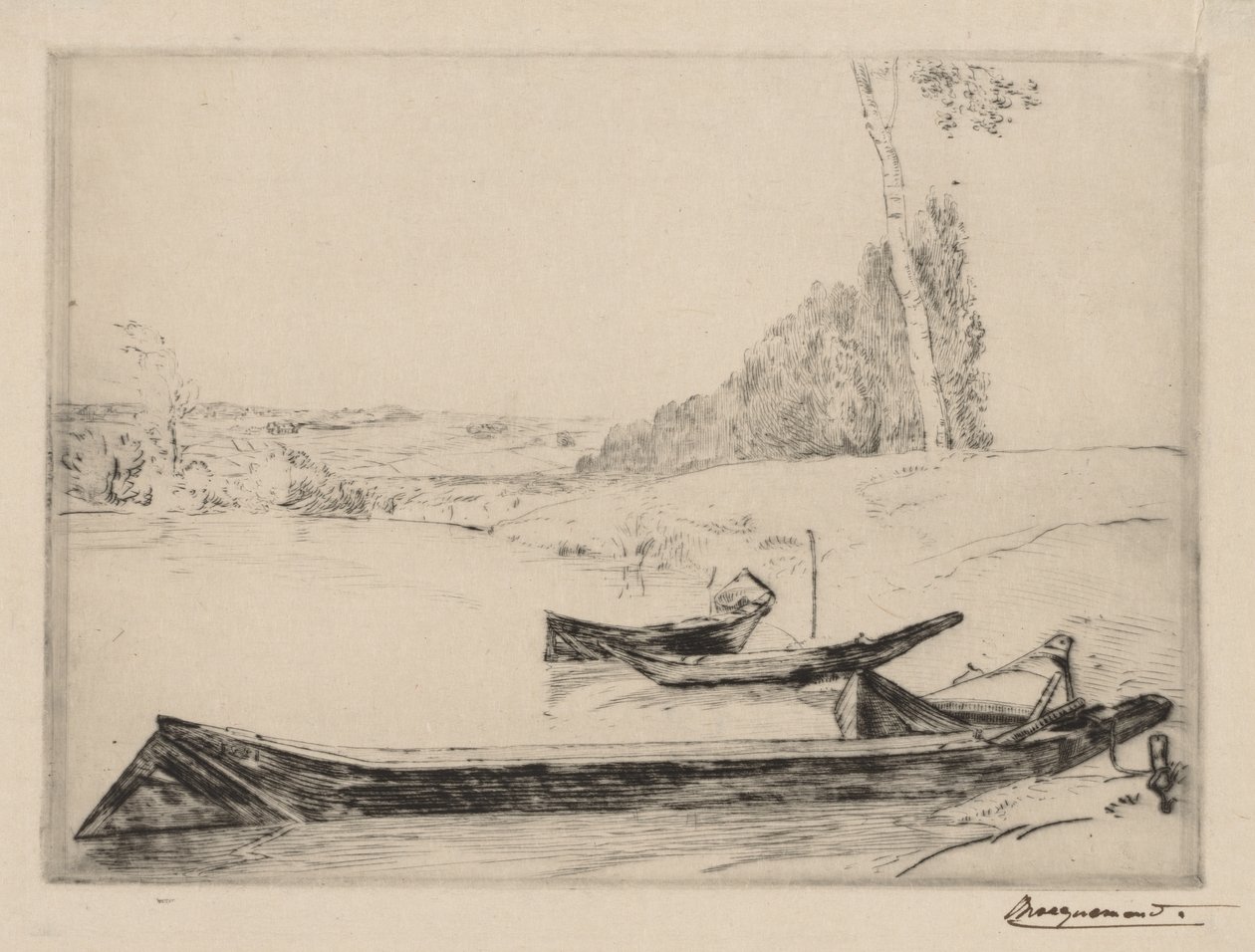 Pienet lautat Seinen rannalla, n. 1858. tekijältä Felix Bracquemond