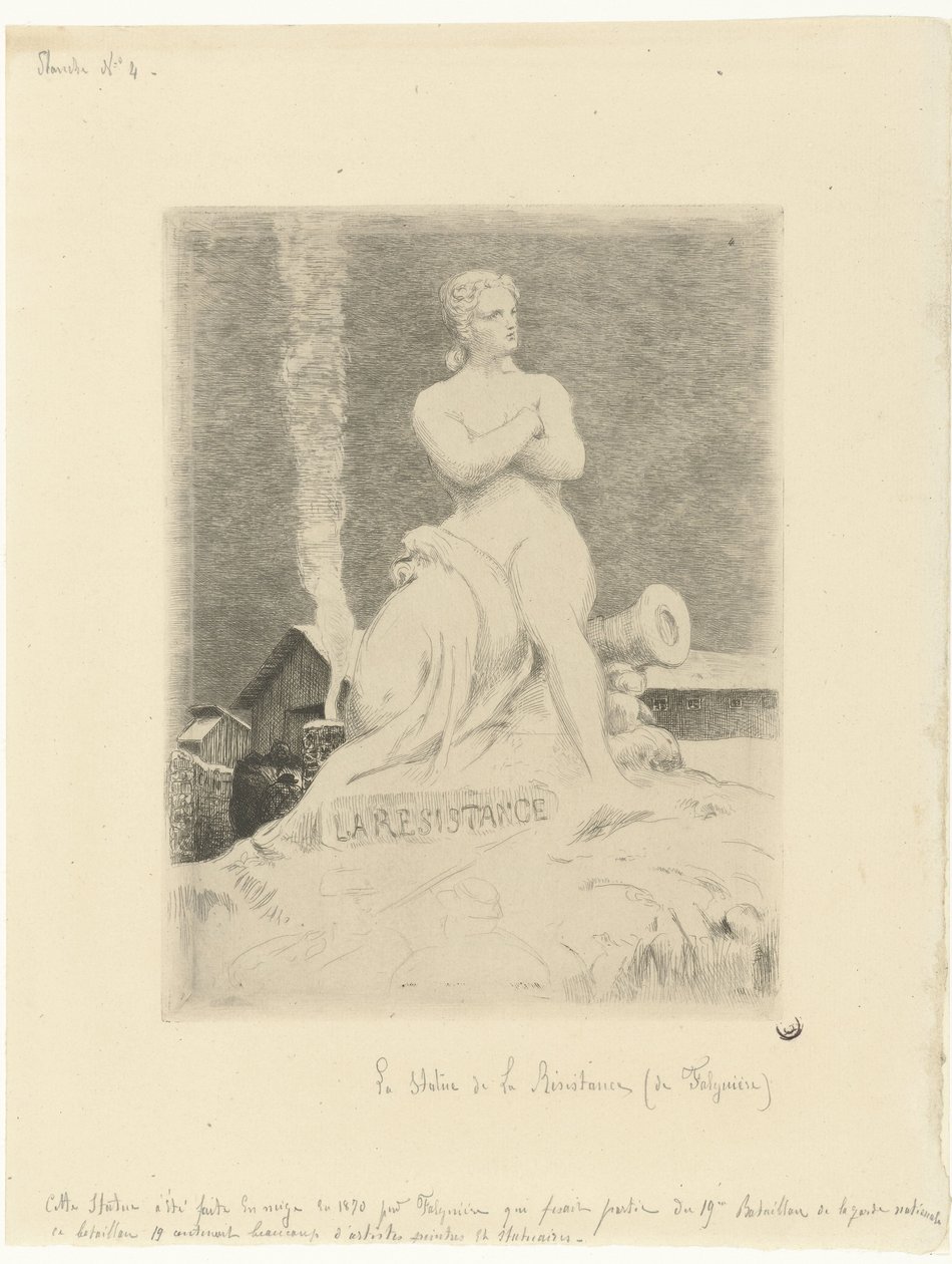 Alexandre Falguièren ja sotilaiden La Résistance (vastarinta) patsas Pariisin piirityksen aikana La Resistance Siège de Paris en 1870 (sarjan nimi) tekijältä Felix Bracquemond