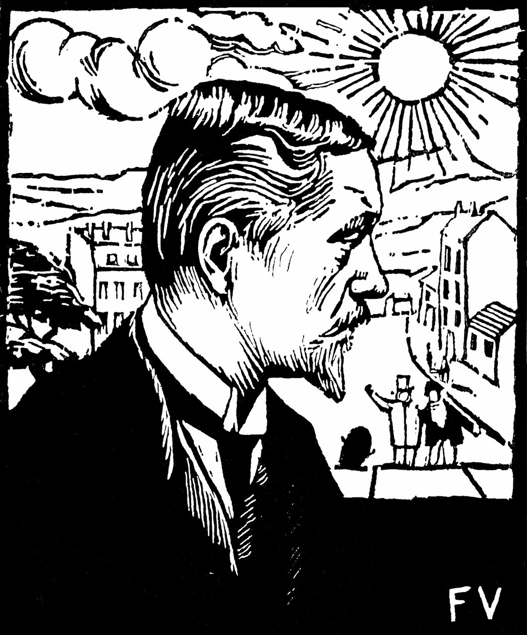 Autoportrait. Gravure sur bois de Felix Edouard Vallotton (1865-1925), vers 1890. Collection privee.   1325960   fi       finnish Successfully Translated  Original: Angers, on the Maine (engraving) Translat: Angers, on the Maine (engraving) 1051583 fi finn tekijältä Felix Edouard Vallotton
