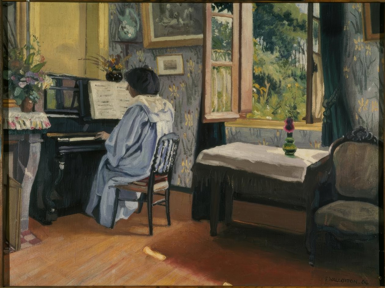 Nainen pianon ääressä tekijältä Felix Edouard Vallotton