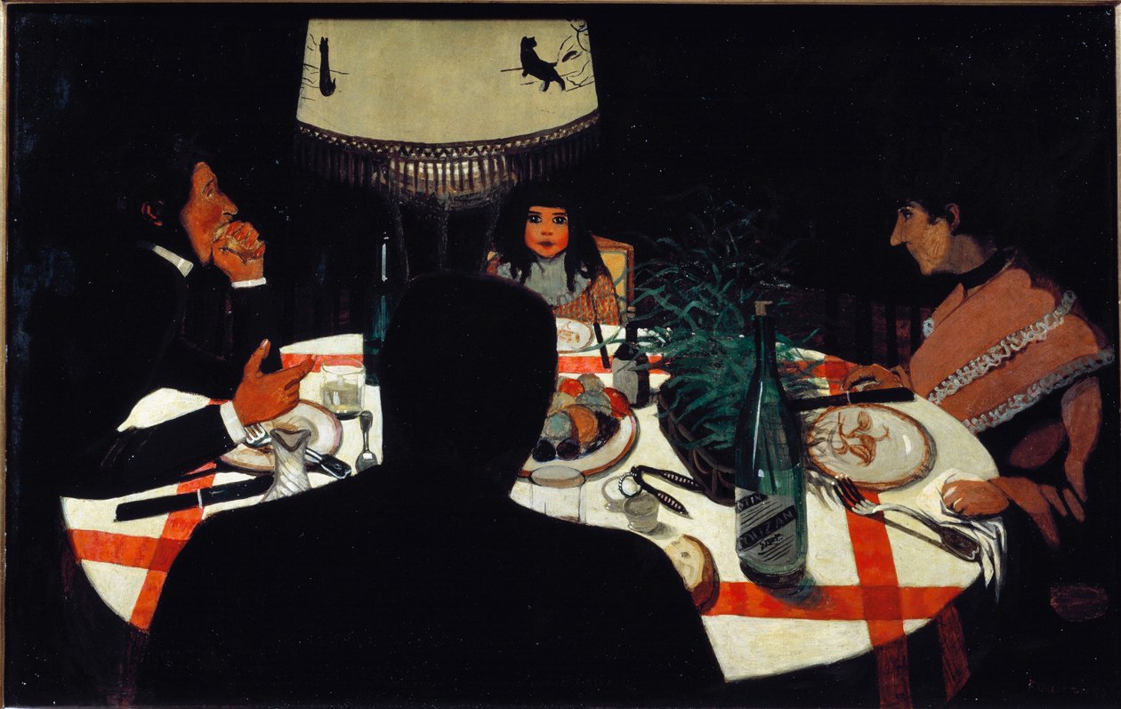 Illallinen, lamppuefekti. (1899. Öljy puulle) tekijältä Felix Edouard Vallotton