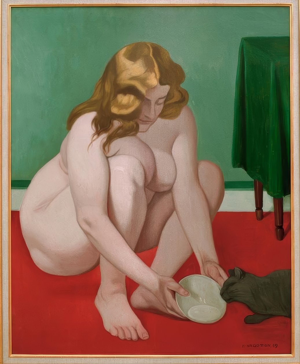 Femme accroupie offrant du lait a un chat tekijältä Felix Edouard Vallotton