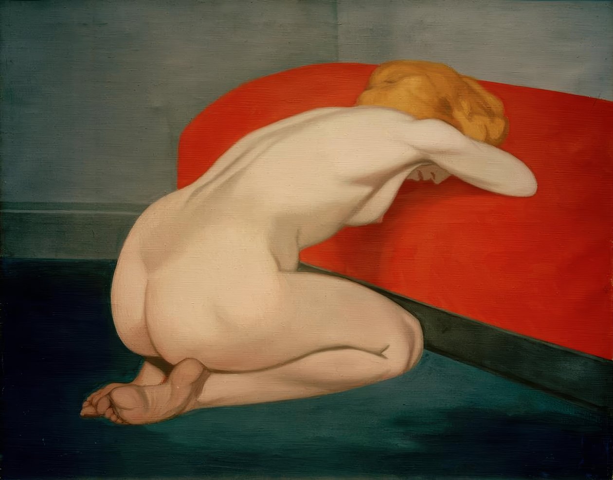 Femme nue agenouillée devant un canapé rouge tekijältä Felix Edouard Vallotton