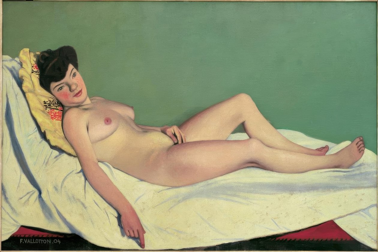 Femme nue couchee sur un drap blanc, coussin jaune tekijältä Felix Edouard Vallotton
