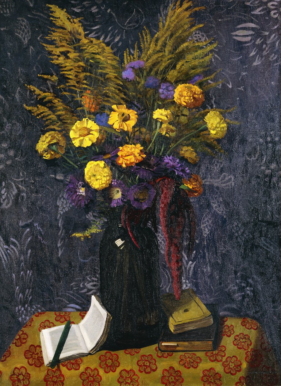 ranskalainen kehäkukka, purppurat päivänkakkarat ja kultaiset lyhteet; Marigolds, Violet Daisies ja Golden Gerbit, 1925 tekijältä Felix Edouard Vallotton