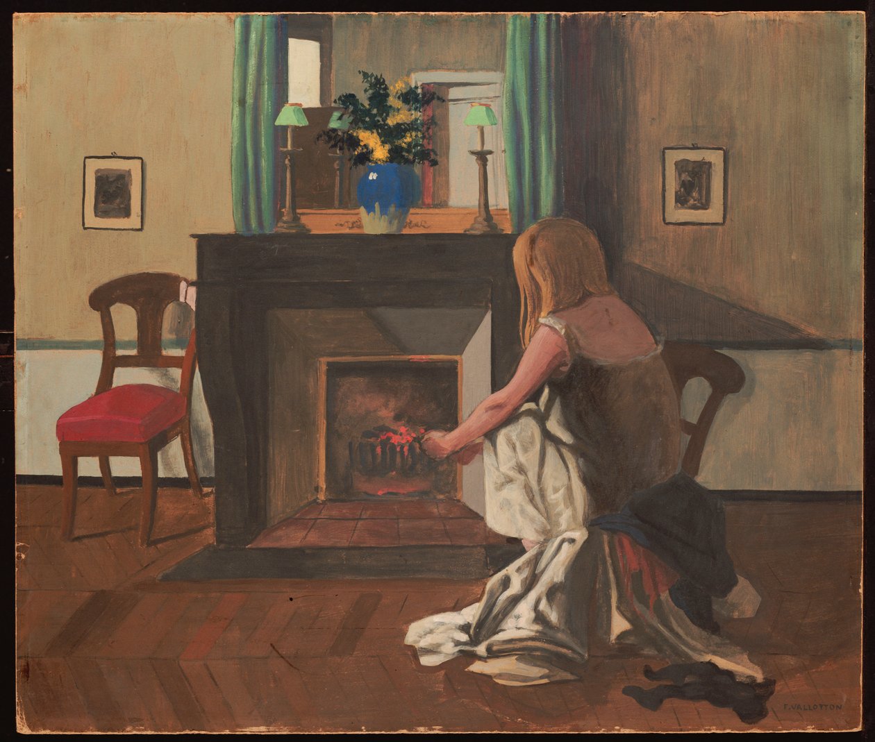 Sisustus yöpuvussa olevan naisen kanssa, 1899 tekijältä Felix Edouard Vallotton