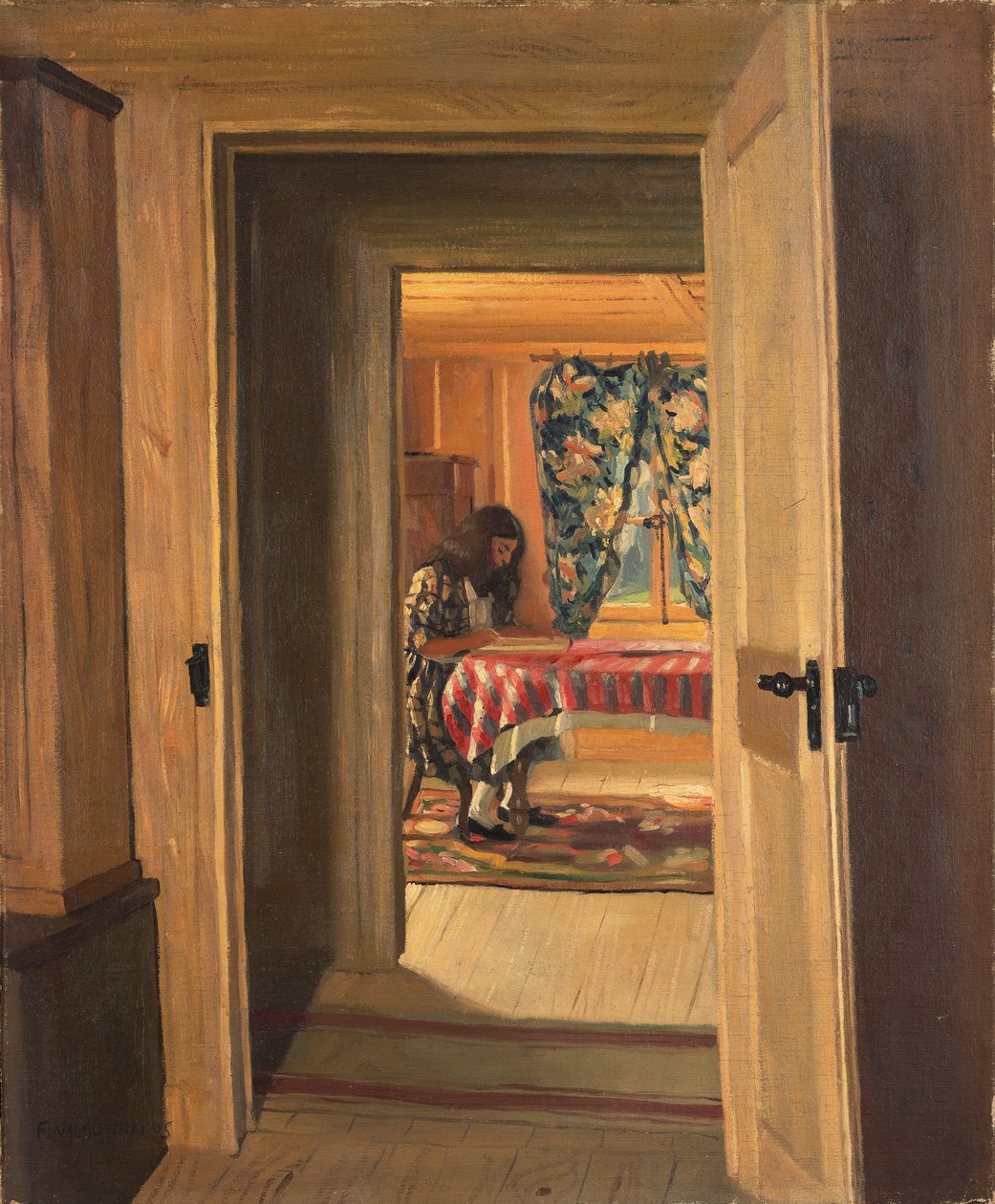 Sisustus, jossa nuori tyttö kirjoittaa, 1905 tekijältä Felix Edouard Vallotton