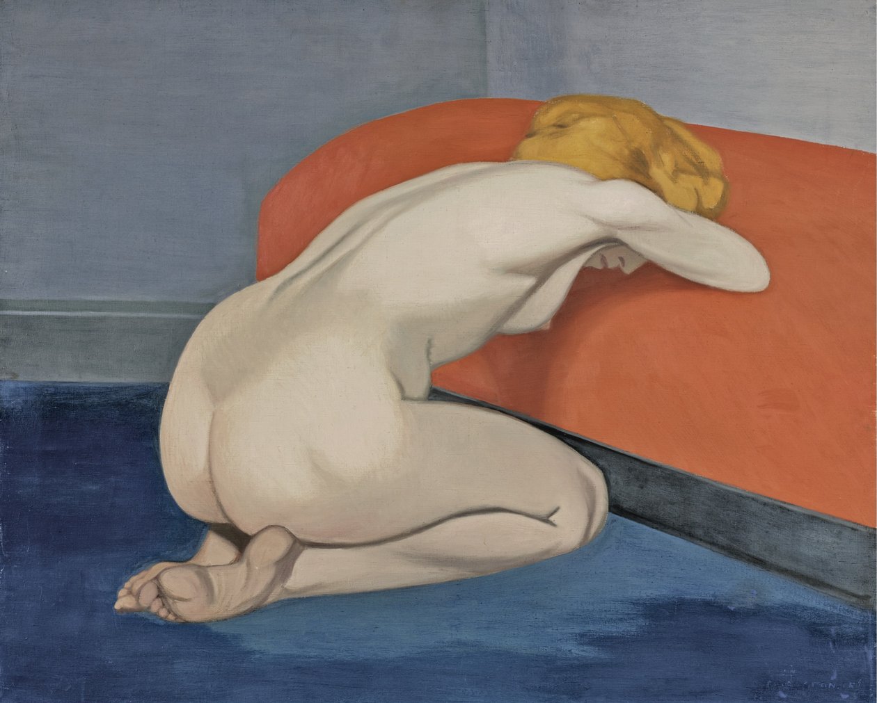 Alaston nainen polvistumassa punaisen sohvan edessä, 1915 tekijältä Felix Edouard Vallotton