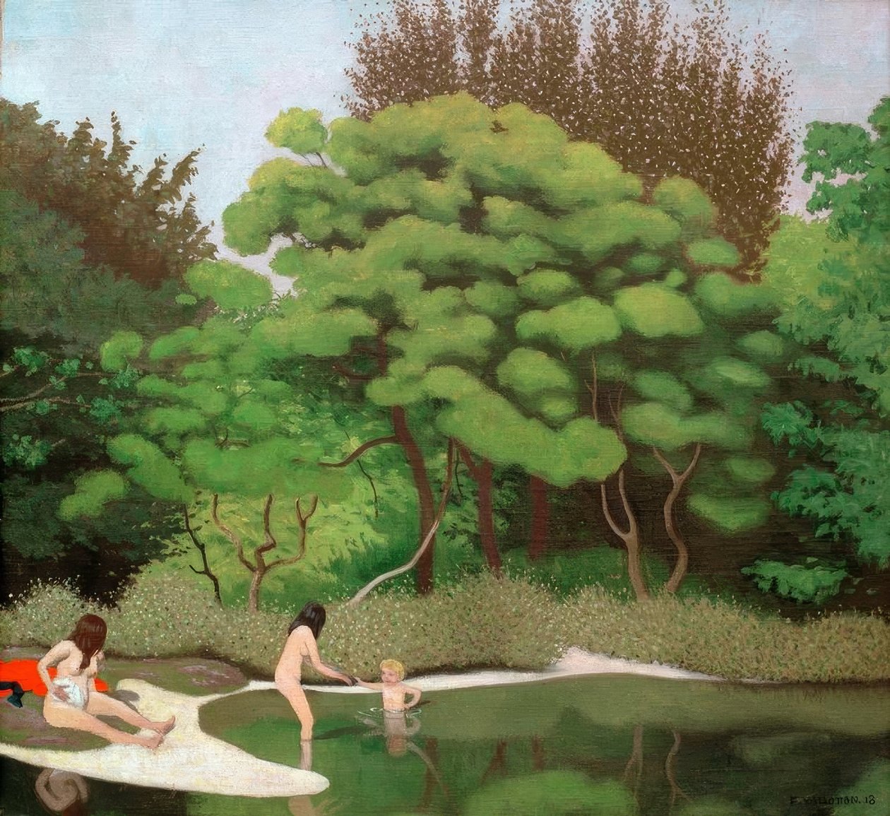Paysage sousbois ensoleillé, avec deux femmes et un enfant tekijältä Felix Edouard Vallotton