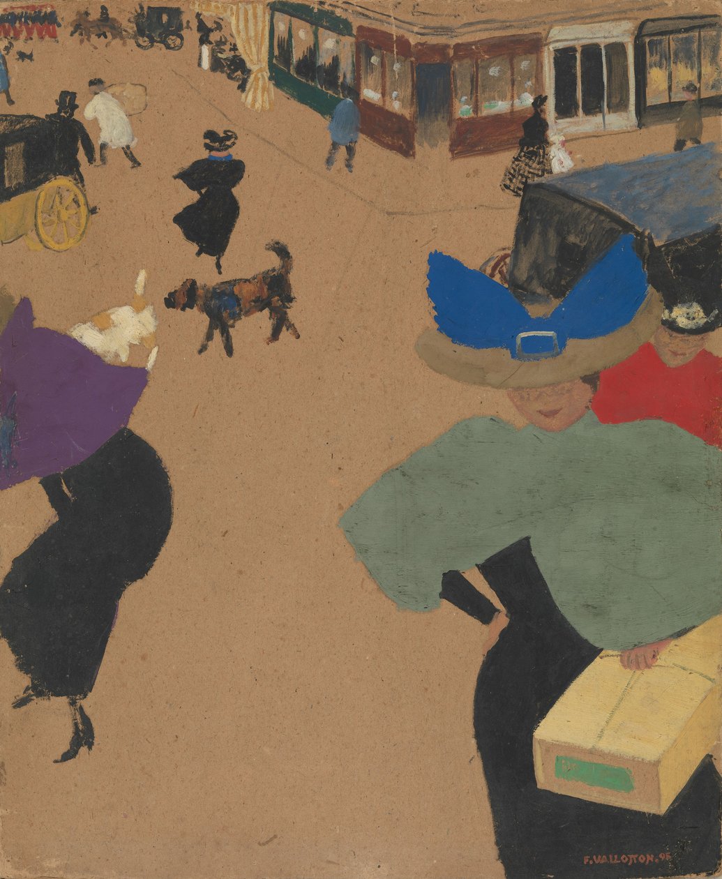 Katukohtaus Pariisissa (Coin de rue à Paris), 1895 (guassi ja öljy kartongille) tekijältä Felix Edouard Vallotton