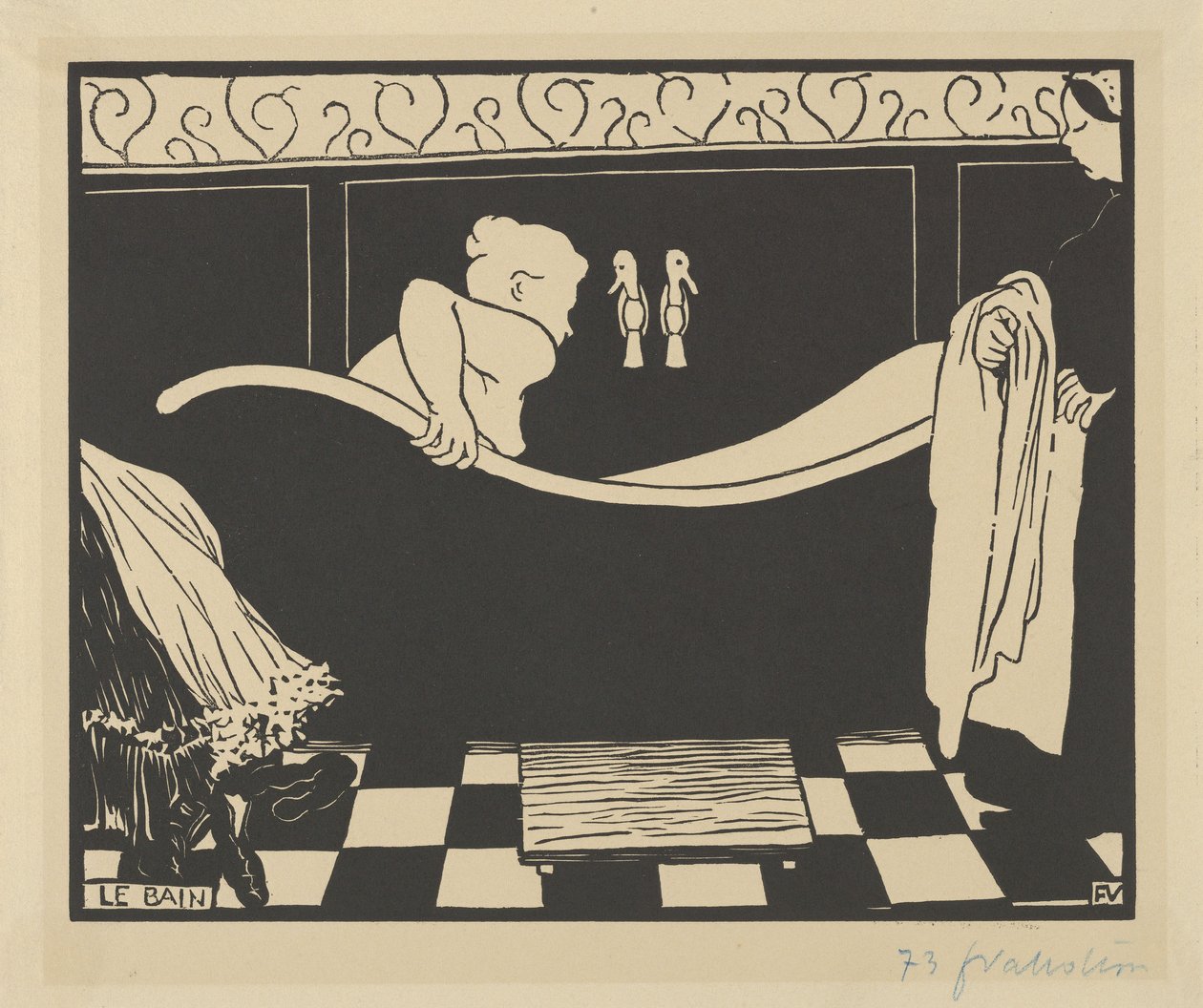 Kylpylä (Le Bain), 1894 (puupiirros kermanväriselle paperiarkille) tekijältä Felix Edouard Vallotton