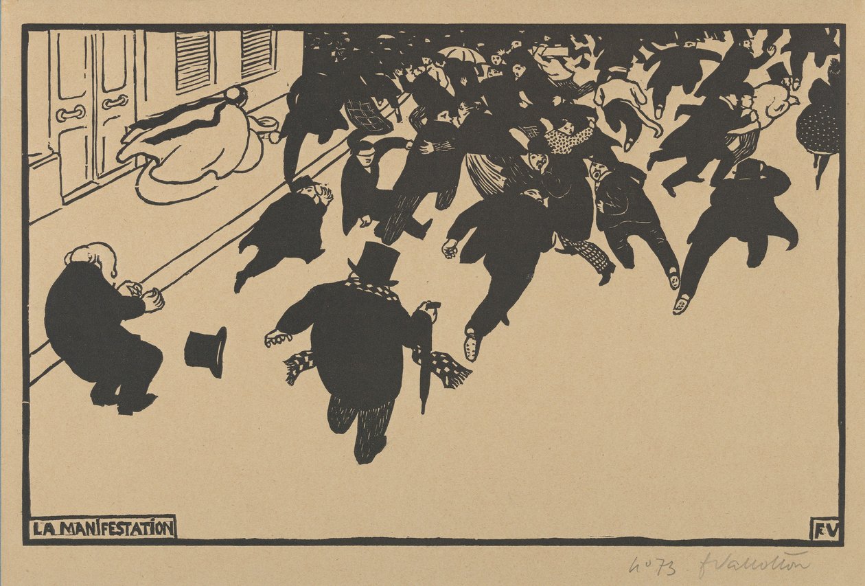 Demonstraatio (La Manifestation), 1893 (puupiirros kermanväriselle paperiarkille) tekijältä Felix Edouard Vallotton