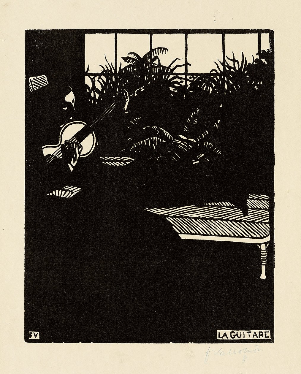 Kitara, sarjasta "Musical Instruments", V, 1897 tekijältä Felix Edouard Vallotton