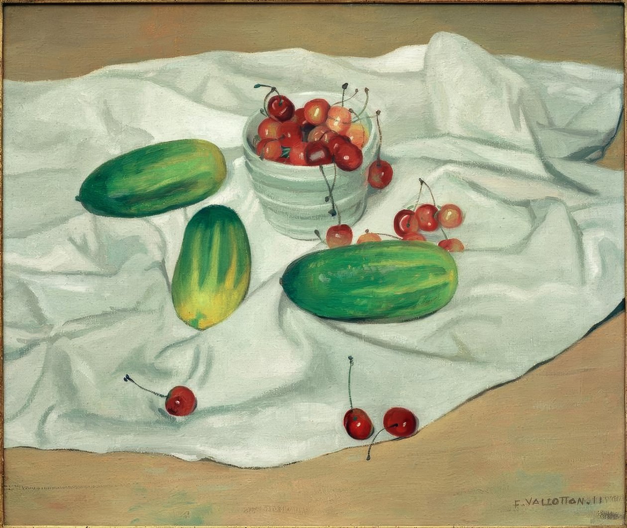 Trois concombres et un vase blac contenant des cerises tekijältä Felix Edouard Vallotton