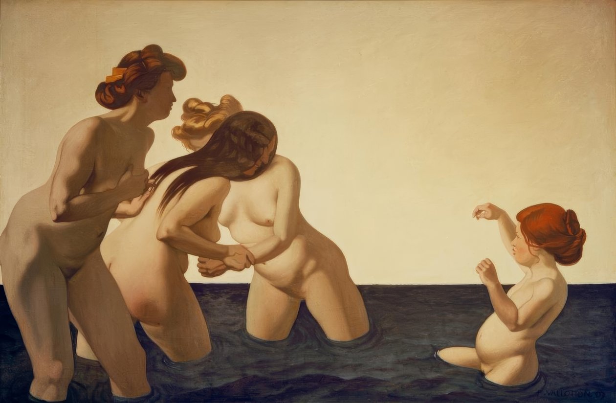 Trois femmes et une petite fille, jouant dans l’eau tekijältä Felix Edouard Vallotton