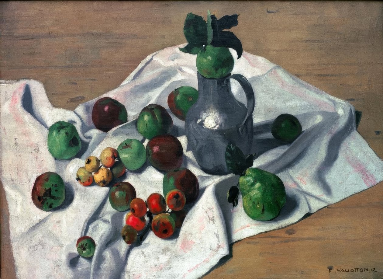 Une bouillotte de fer blanc, des pommes et deux coings tekijältä Felix Edouard Vallotton