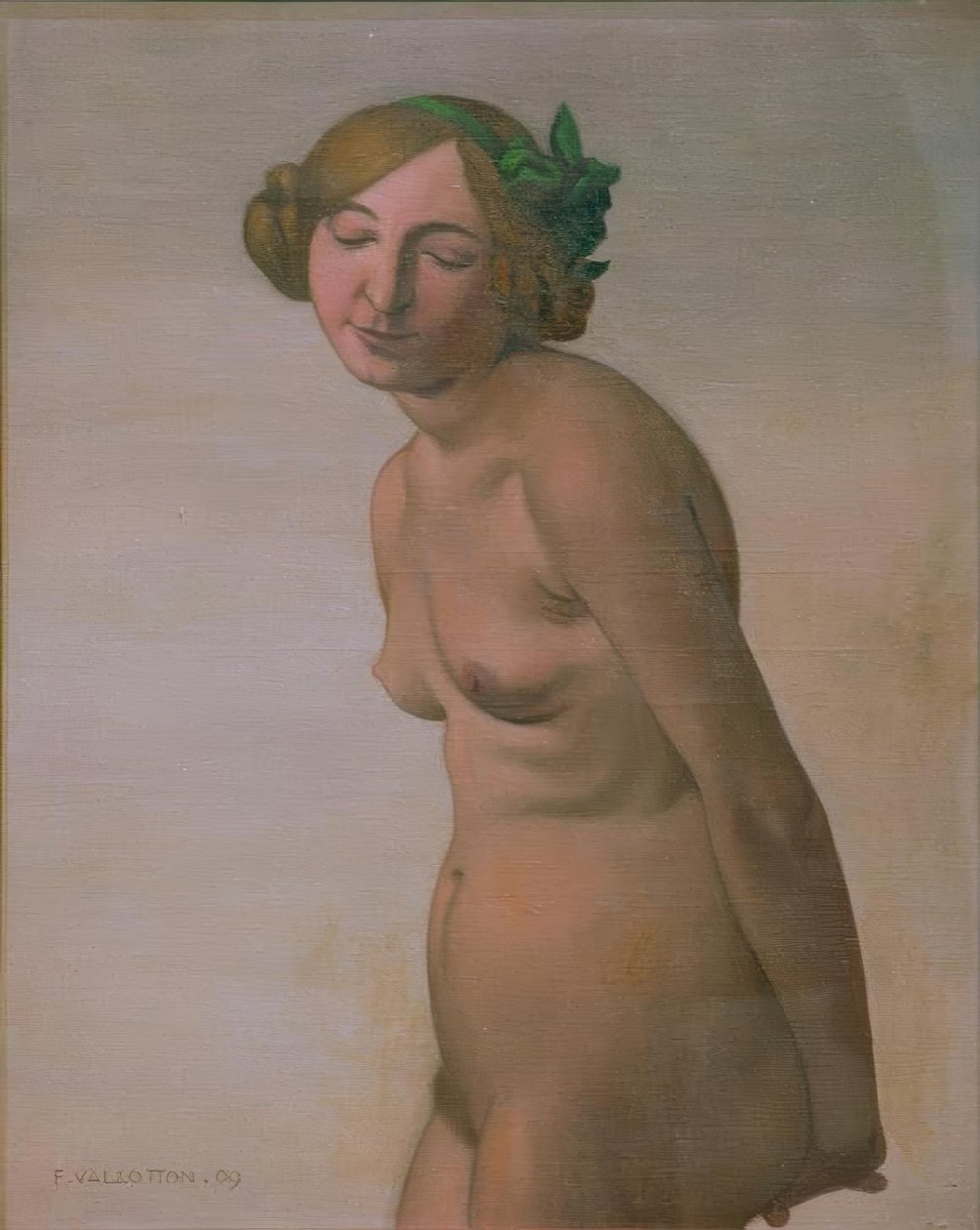 Weiblicher Akt mit grüner Haarschleife tekijältä Felix Edouard Vallotton