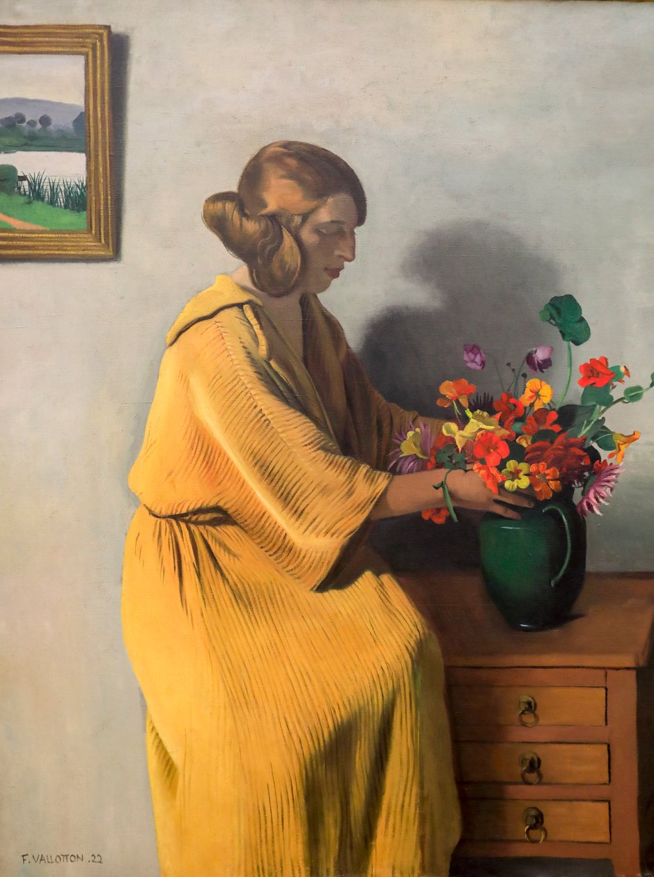 Nainen kukkakimpun kanssa tekijältä Felix Edouard Vallotton