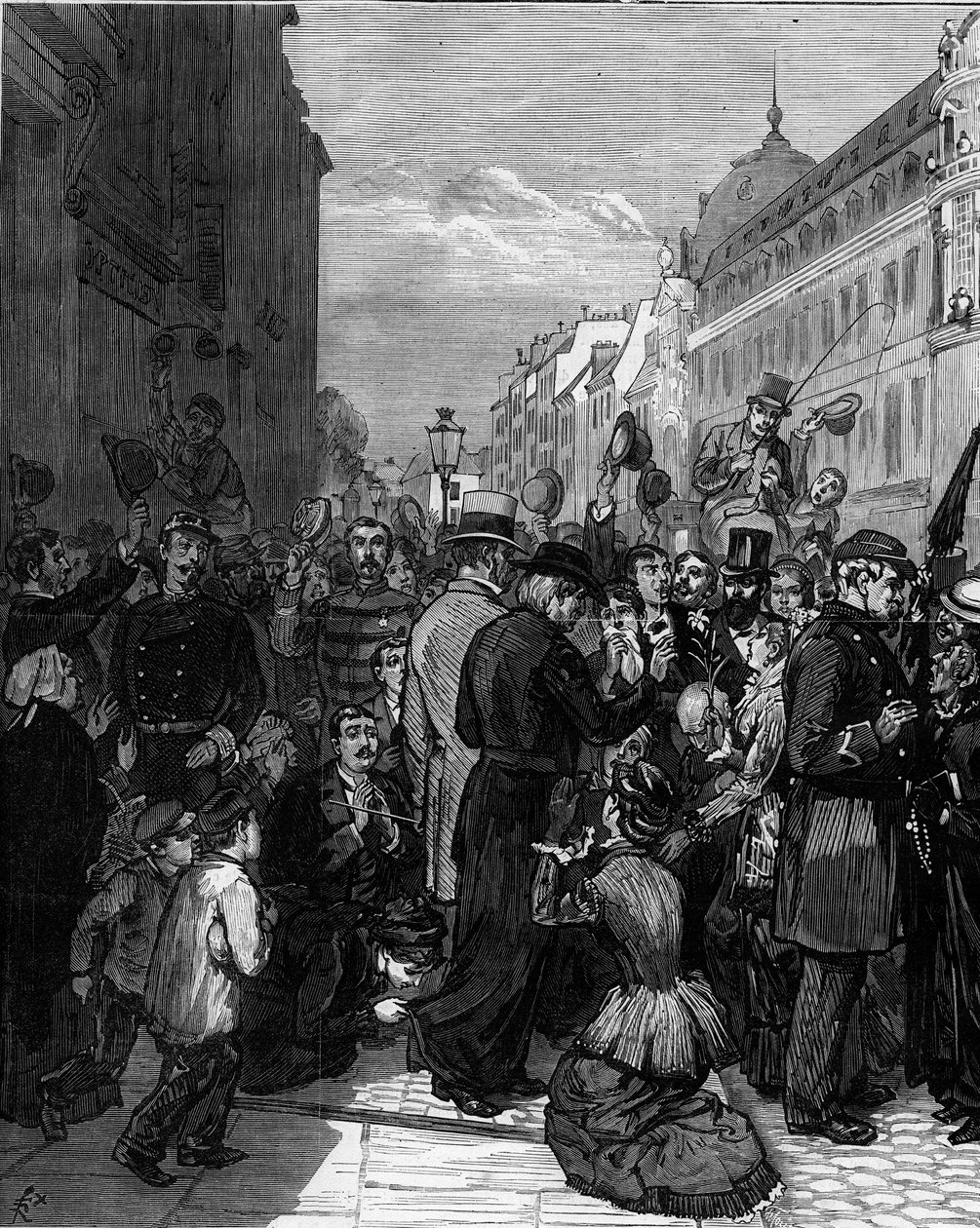 Jesuiittien karkottaminen Pariisin Rue de Sevres -kadulta Jules Ferryn maaliskuussa 1880 antamien määräysten seurauksena ja luvattomien uskonnollisten seurakuntien jäsenten opettamisoikeuden poistaminen: Pariisin väestö osoittaa solidaarisuutta häädystä va tekijältä Felix Elie Regamey