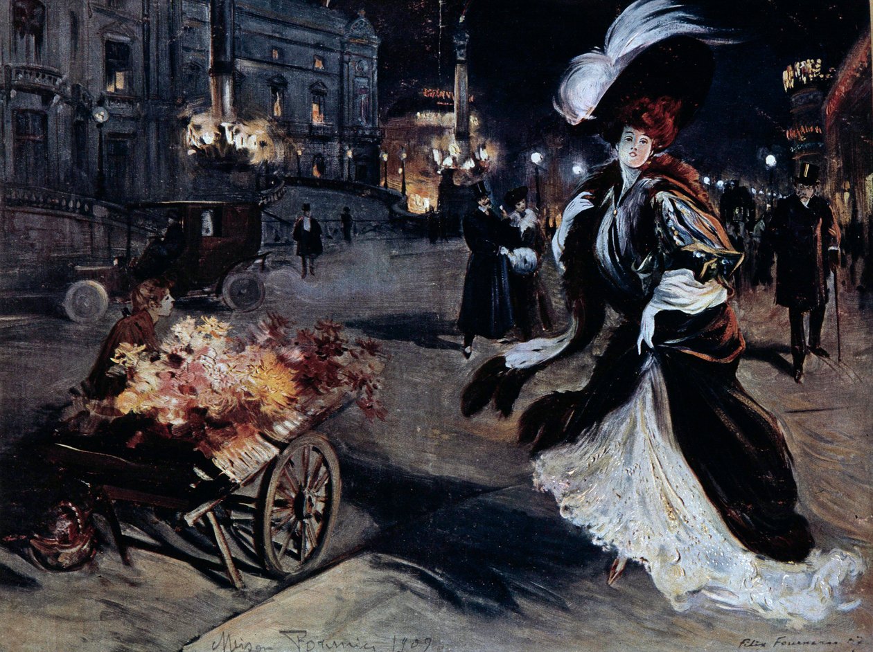 Belle Epoque: Nainen egretsissä pariisilaisella kadulla yöllä. Kuvitus Felix Fournery (1865-1938) tekijältä Felix Fournery