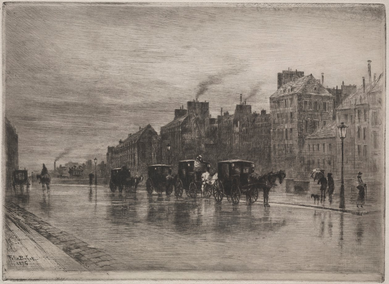 Talviaamu Quai de LHotel-Dieulla, 1876. tekijältä Felix Hilaire Buhot