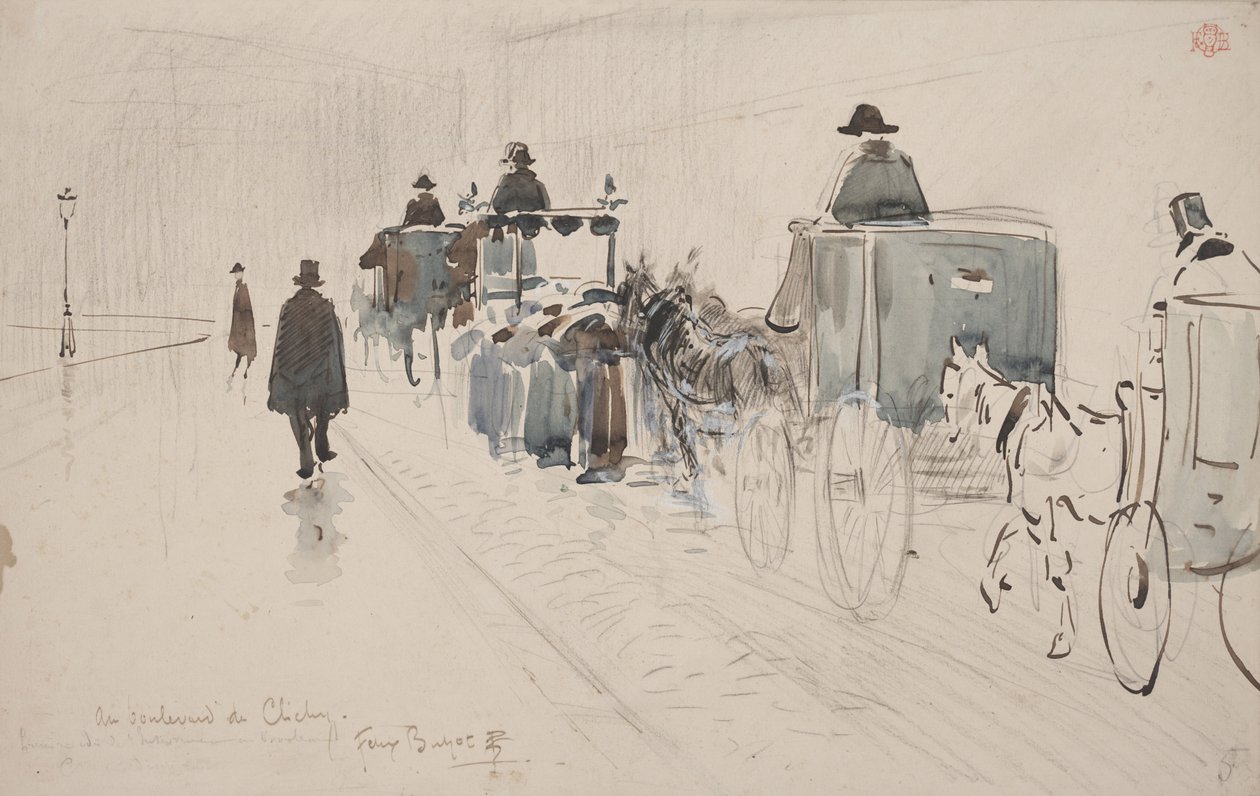 Au Boulevard de Clichy (kynä ja akvarelli paperille) tekijältä Felix Hilaire Buhot
