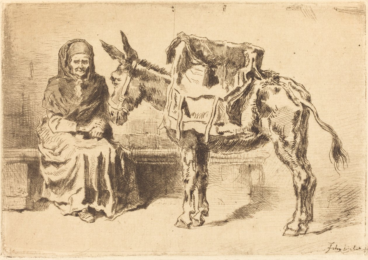 Cacoletière Assise istuva nainen ja aasi, 1875. tekijältä Felix Hilaire Buhot