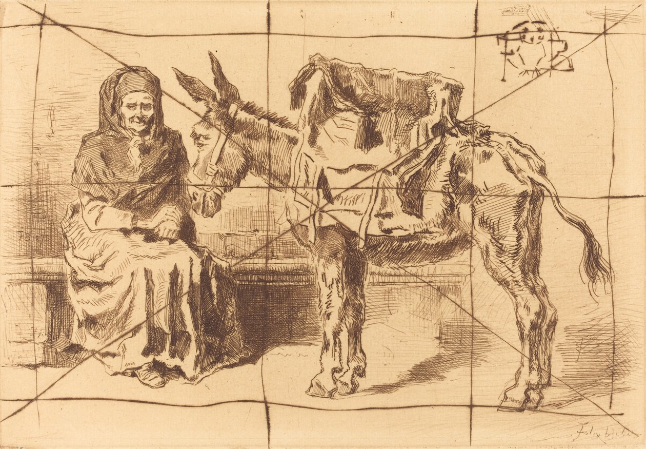 Cacoletière Assise istuva nainen ja aasi, 1875. tekijältä Felix Hilaire Buhot