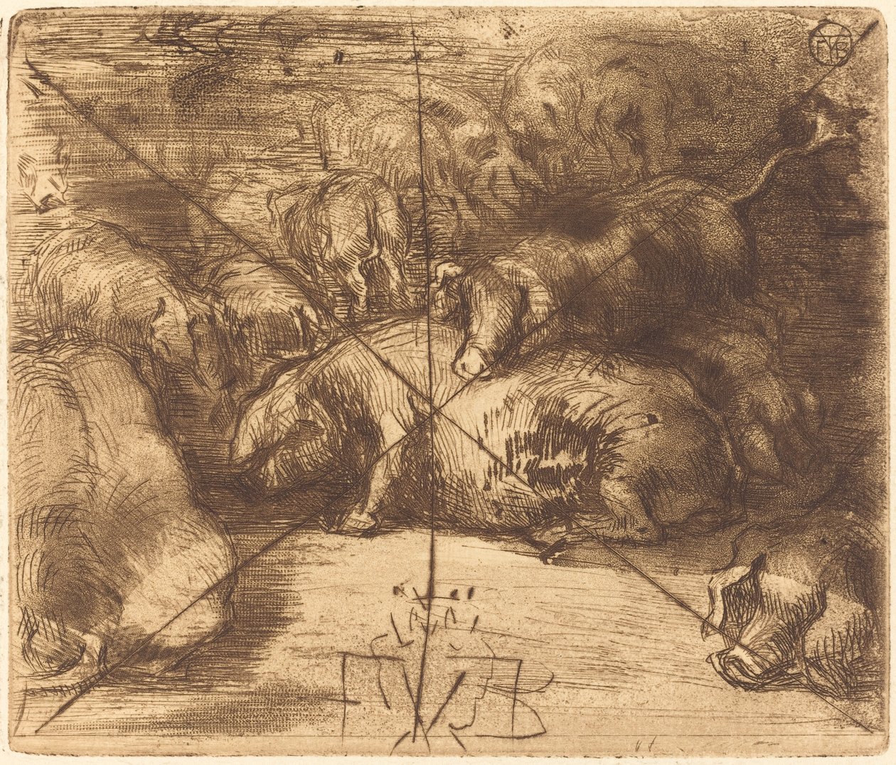 Cochons au Soleil Pigs in the Sun, n. 1878. tekijältä Felix Hilaire Buhot
