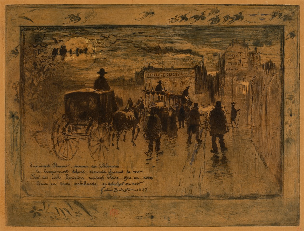 Hautajaiskulkue Boulevard de Clichyllä (hautajaiskulkue Boulevard de Clichyllä) tekijältä Felix Hilaire Buhot
