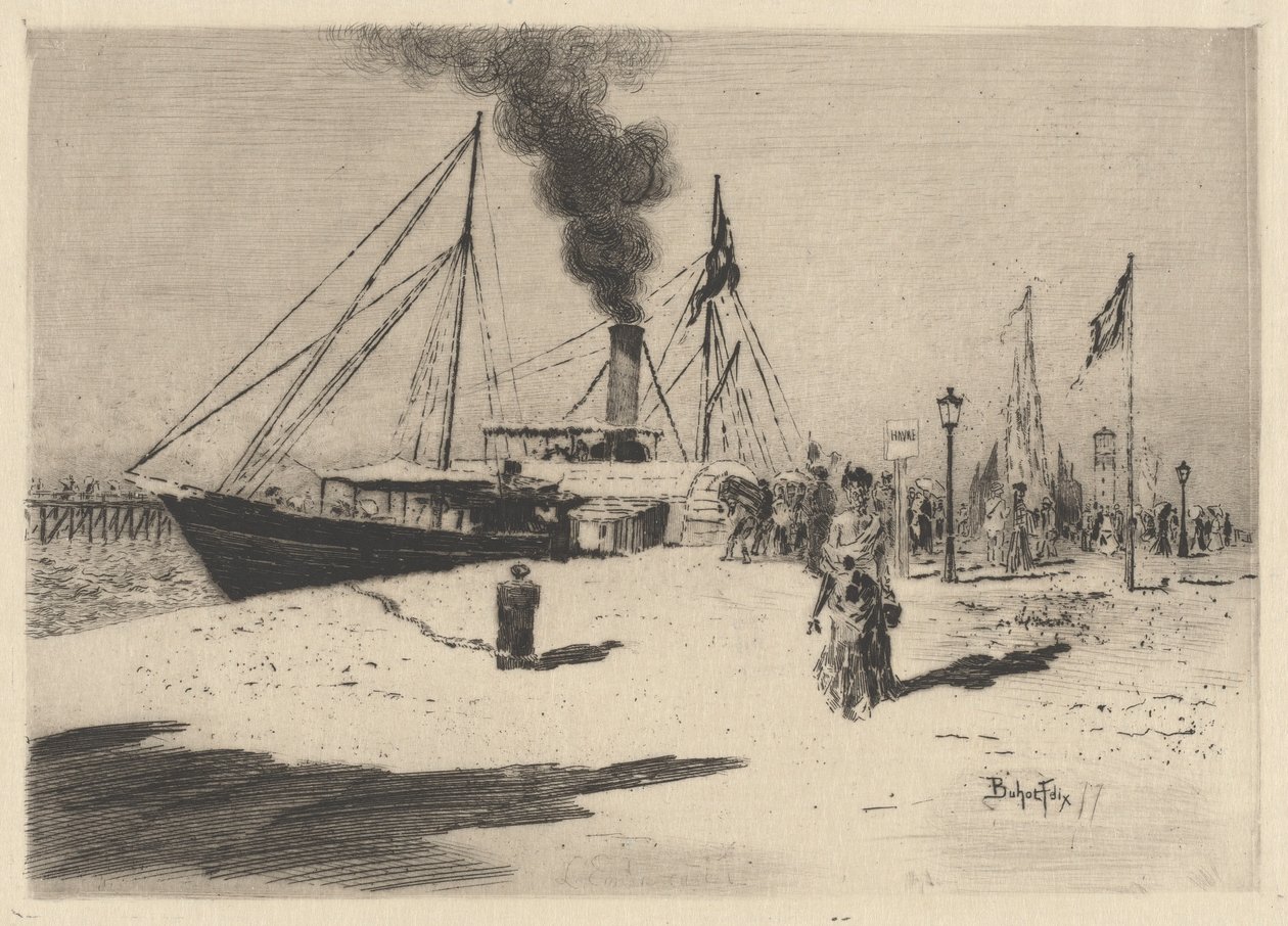 Laituri Trouville Wharfissa Trouvillessa, 1877. tekijältä Felix Hilaire Buhot