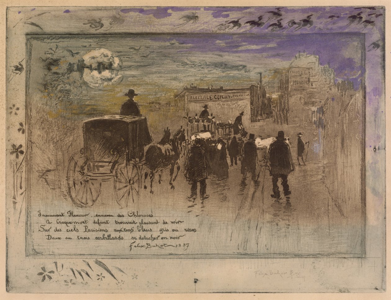 Hautajaiskulkue Boulevard de Clichyllä, 1887. tekijältä Felix Hilaire Buhot
