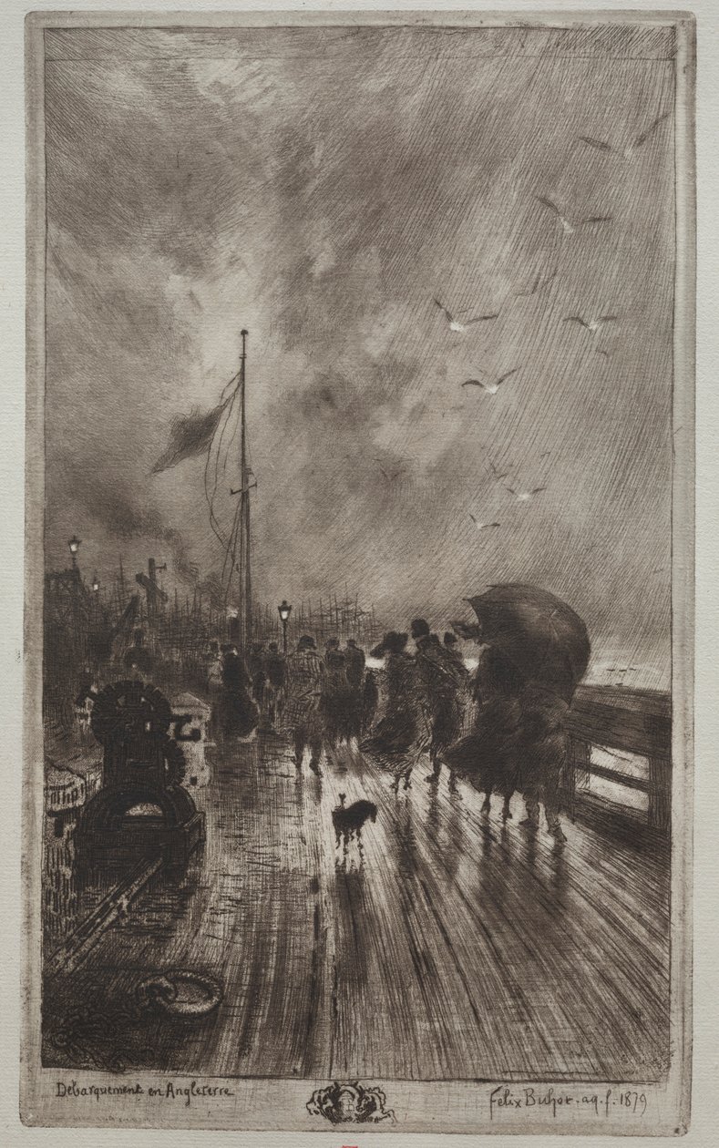 Laskeutuminen Englantiin, 1879. tekijältä Felix Hilaire Buhot