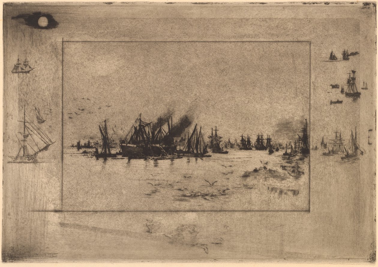 Port aux Mouettesin satama lokkien kanssa, 1886. tekijältä Felix Hilaire Buhot