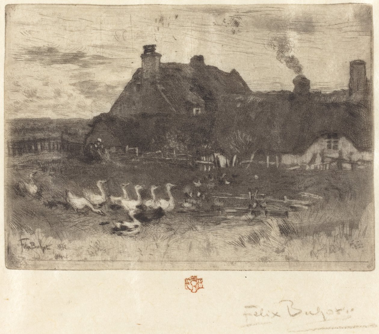 Les Petites Chaumières Olkikattoiset mökit - Pieni lautanen, 1878. tekijältä Felix Hilaire Buhot