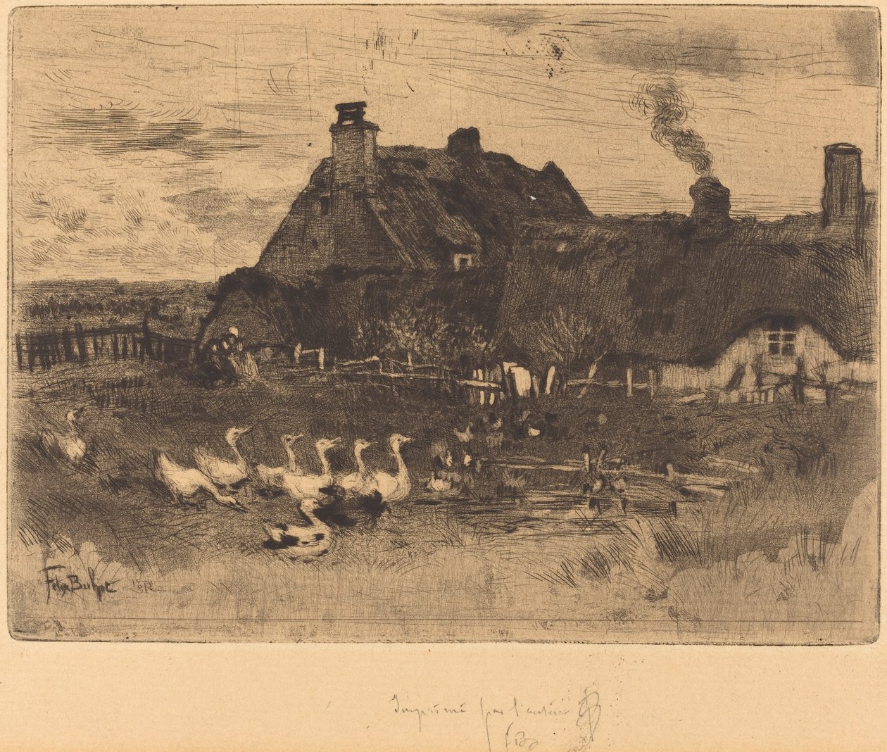 Les Petites Chaumières Olkikattoiset mökit - Pieni lautanen, 1878. tekijältä Felix Hilaire Buhot