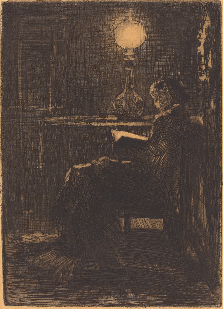 Nainen lukee lampun valossa, 1879. tekijältä Felix Hilaire Buhot