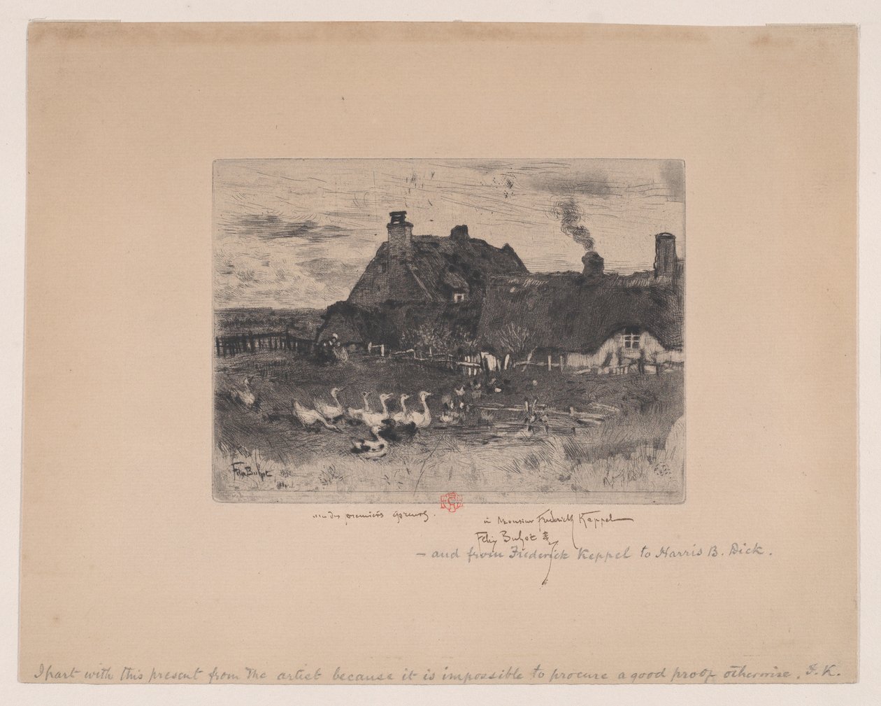 Pienet olkikattoiset mökit Les Petites Chaumières, 1878. tekijältä Felix Hilaire Buhot